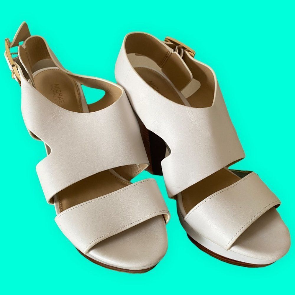 Michael Kors Women’s Block High Heel Open Toe Wedge Shoes White